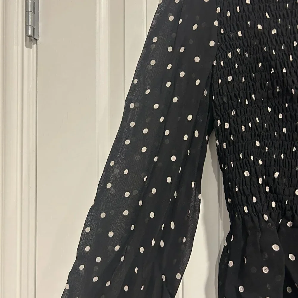 Zara Black and White Polka Dot Smocked Peplum Mesh Blouse Women’s Size Small